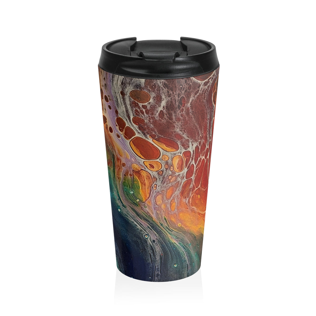 A travel tumbler with a black lid and a colorful abstract fluid art print featuring orange, red, green, and blue swirls, shown on a white background.